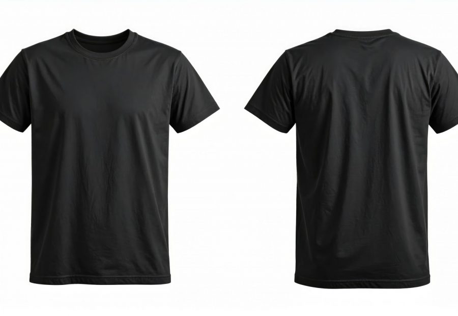 A plain black t-shirt displayed from both front and back views for design.